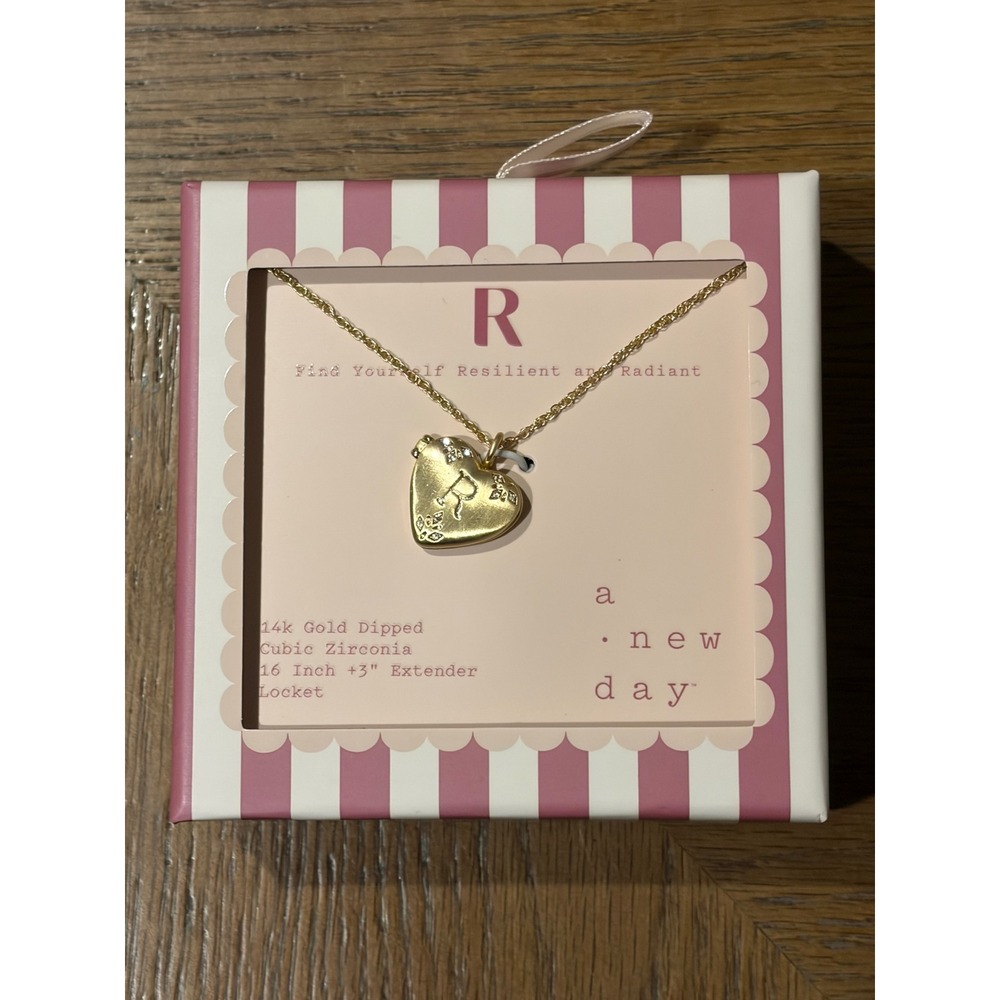 A New Day 14k Gold Dipped Initial R Heart Locket Necklace Cubic Zirconia